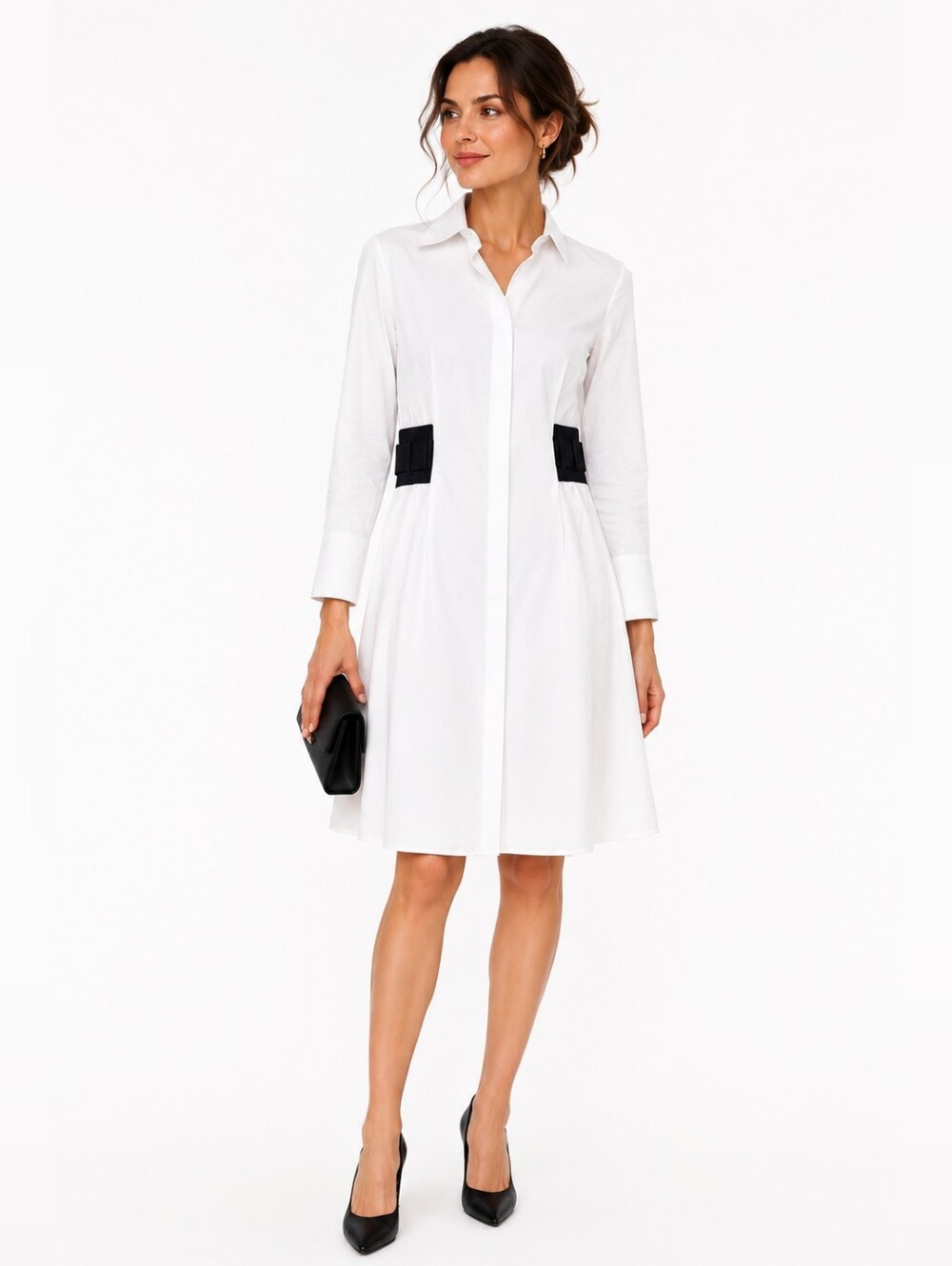 Partow White Cotton Shirt Dress with Black Waist Detail Made in USA size 8